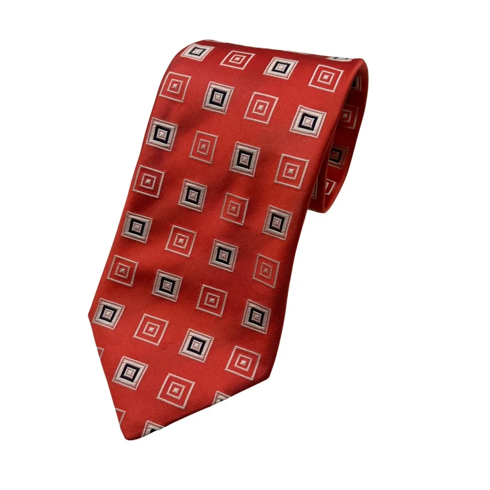 Canali Red Silk Geometric Square Pattern Stripe Mens Neck Tie Italy FLAW 3.75x61